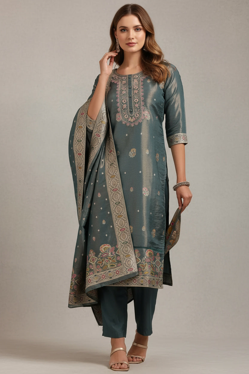 Teal Zari Embroidered Suit