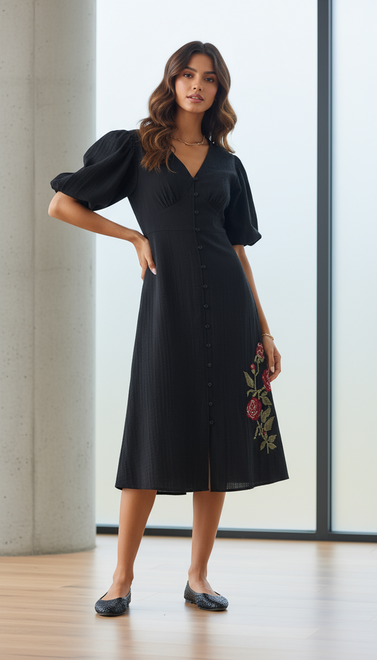 The Core Black Embroidered Cotton Dress
