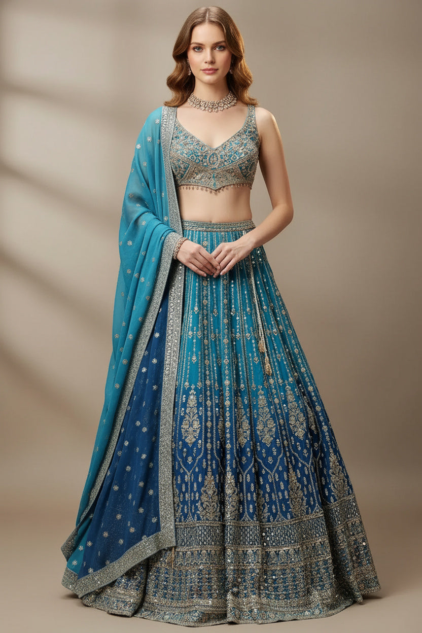 A Hand-Embroidered Masterpiece: The Shaded Blue Lehenga