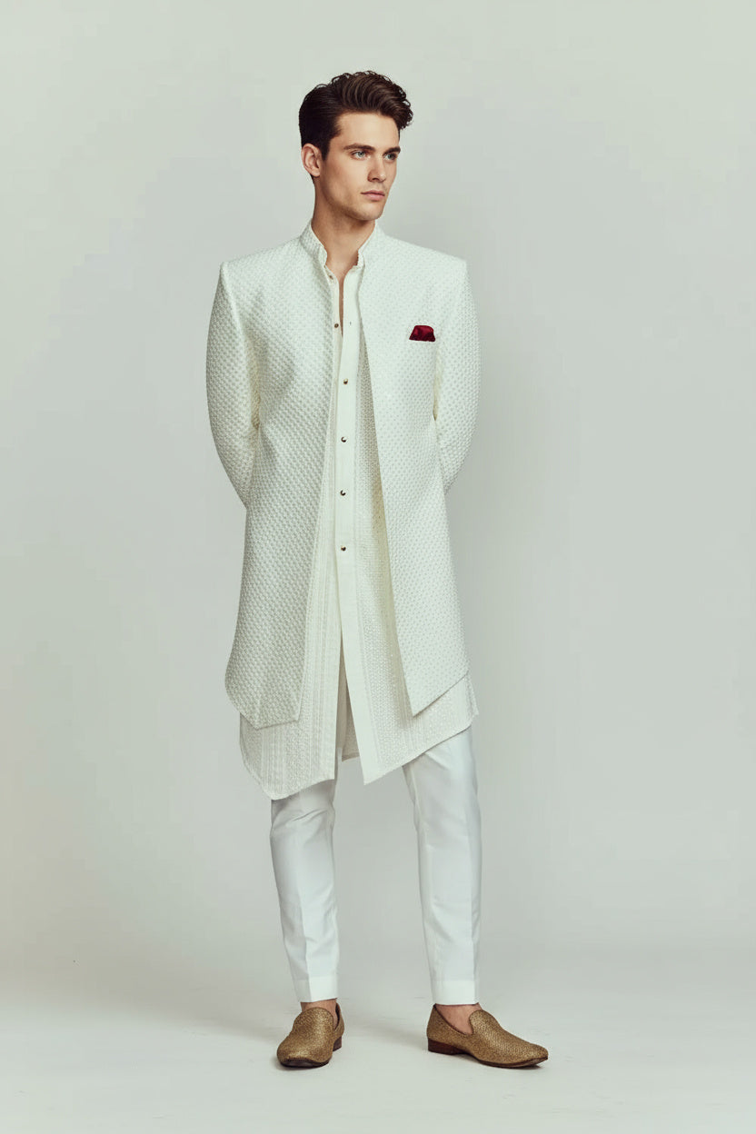 Textured Ivory Sherwani & Kurta Suit