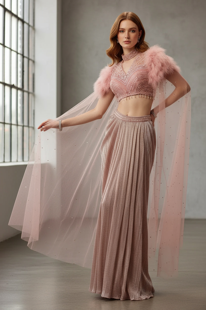 A Feathered Fantasy: The Pink Draped Skirt Set