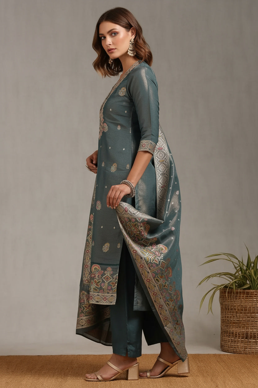Teal Zari Embroidered Suit