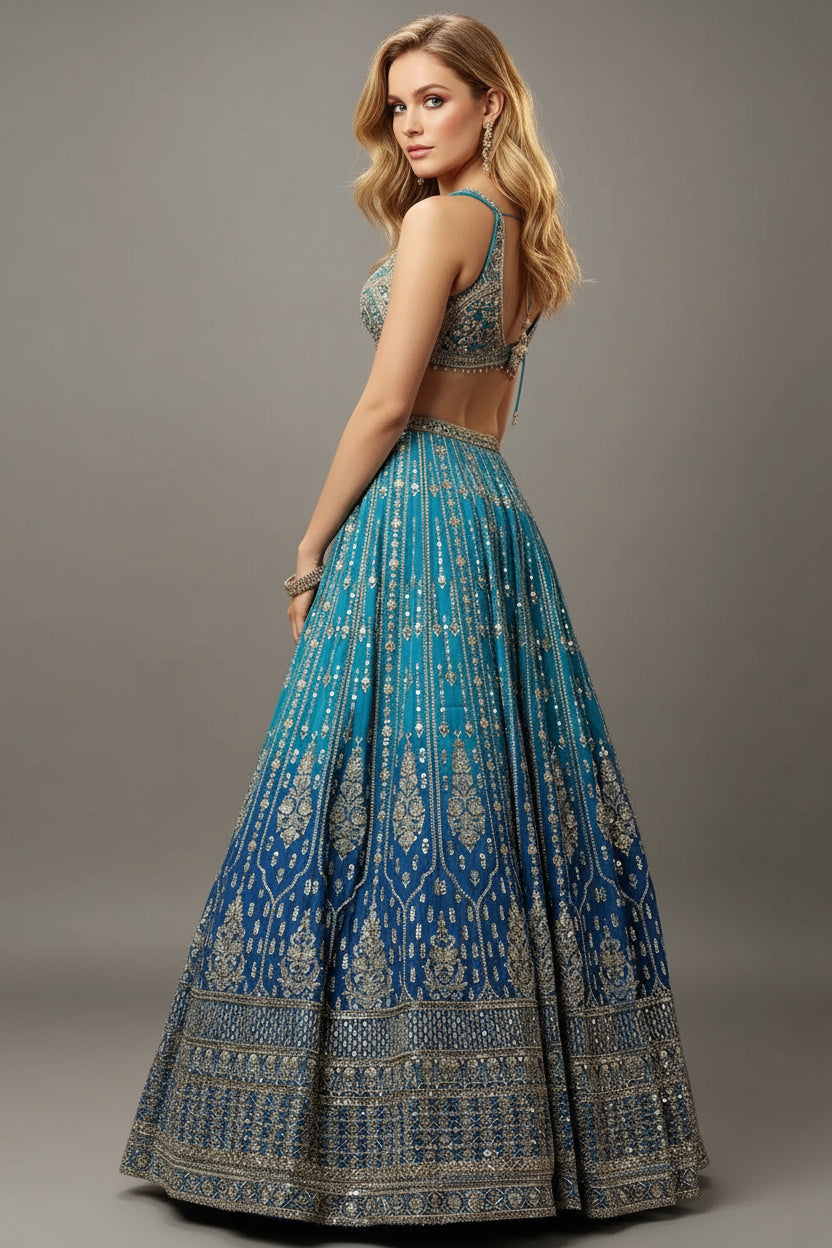 A Hand-Embroidered Masterpiece: The Shaded Blue Lehenga