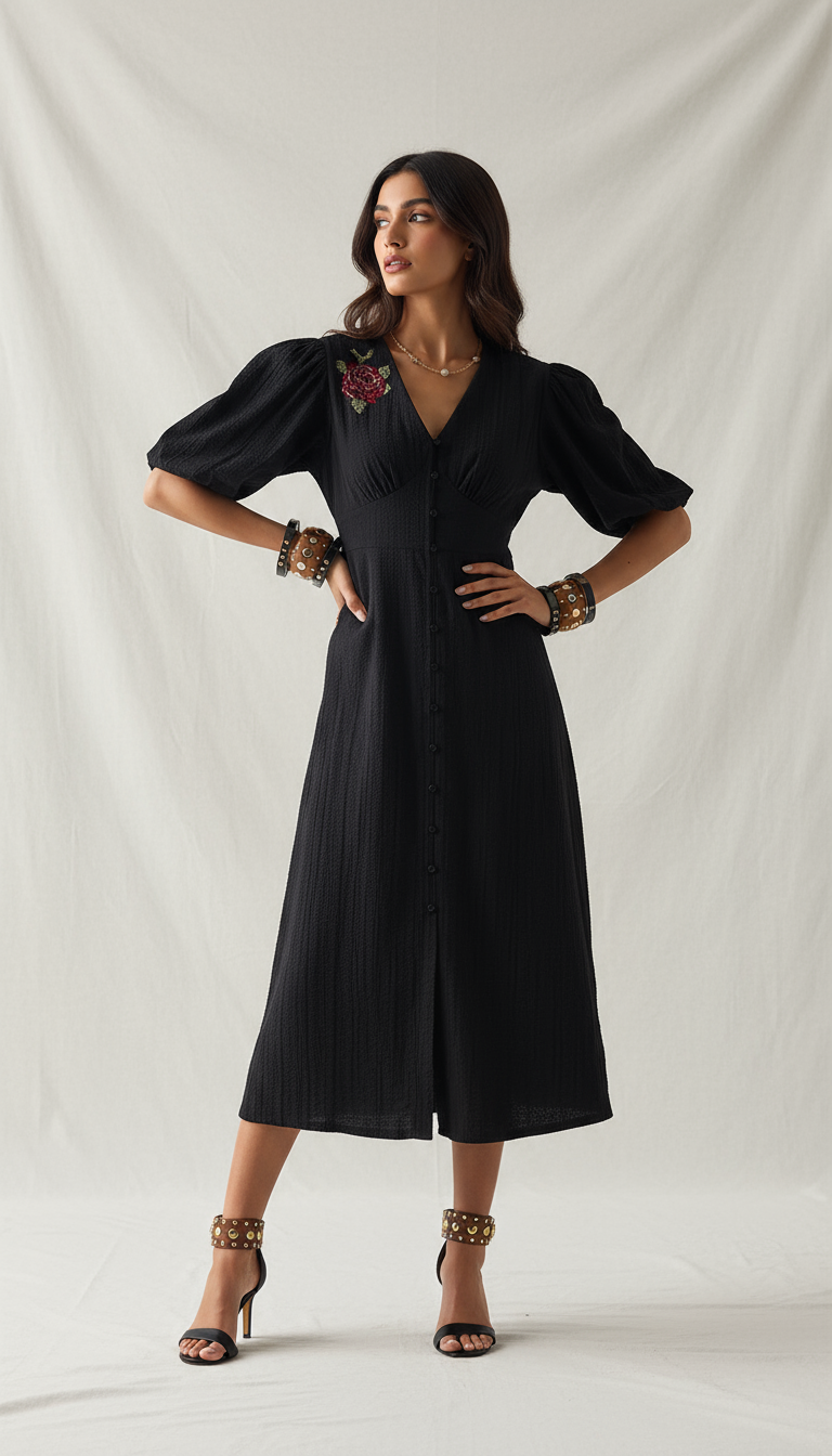 The Core Black Embroidered Cotton Dress