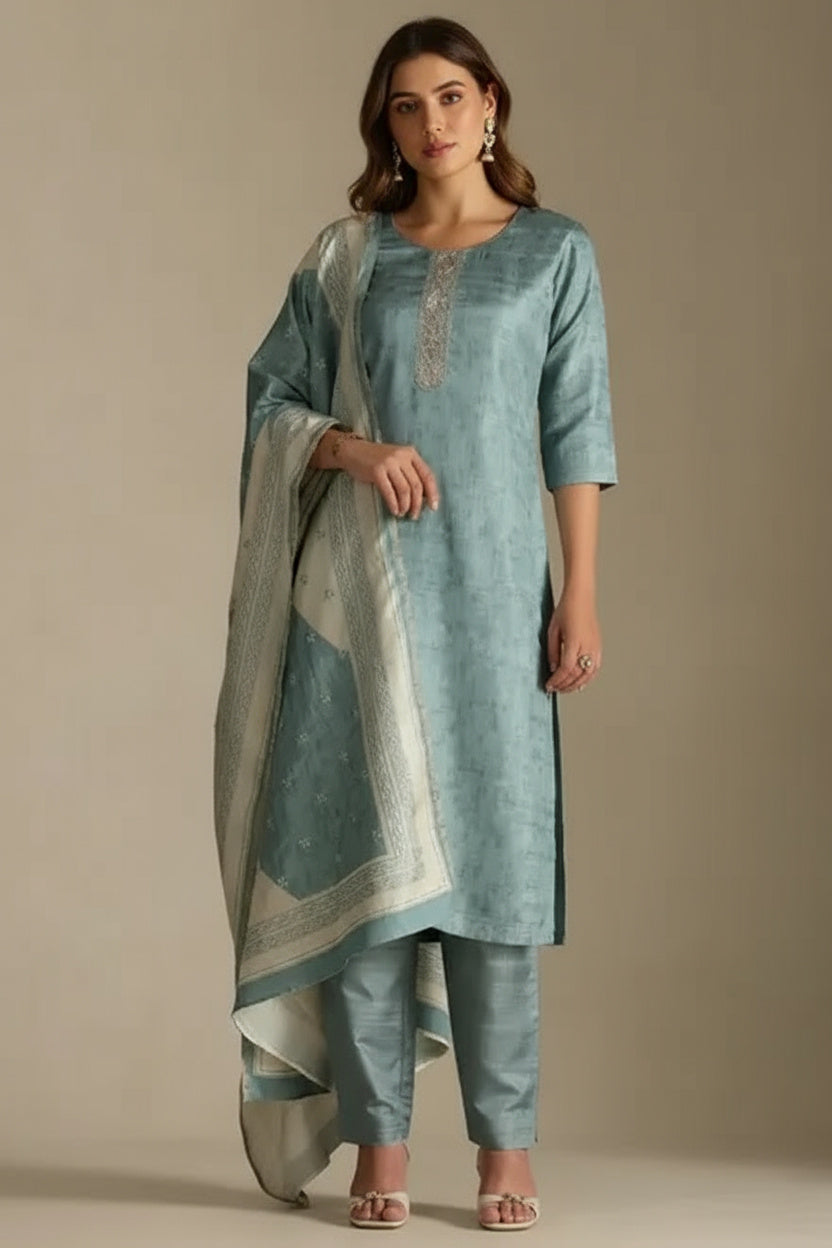 Turquoise Blue Silk Blend Suit Set