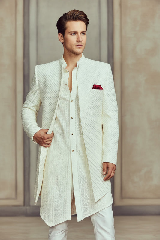 Textured Ivory Sherwani & Kurta Suit