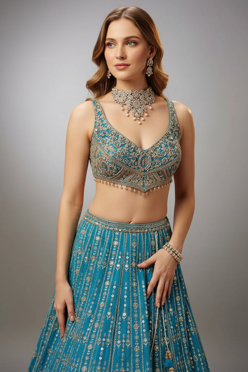 A Hand-Embroidered Masterpiece: The Shaded Blue Lehenga