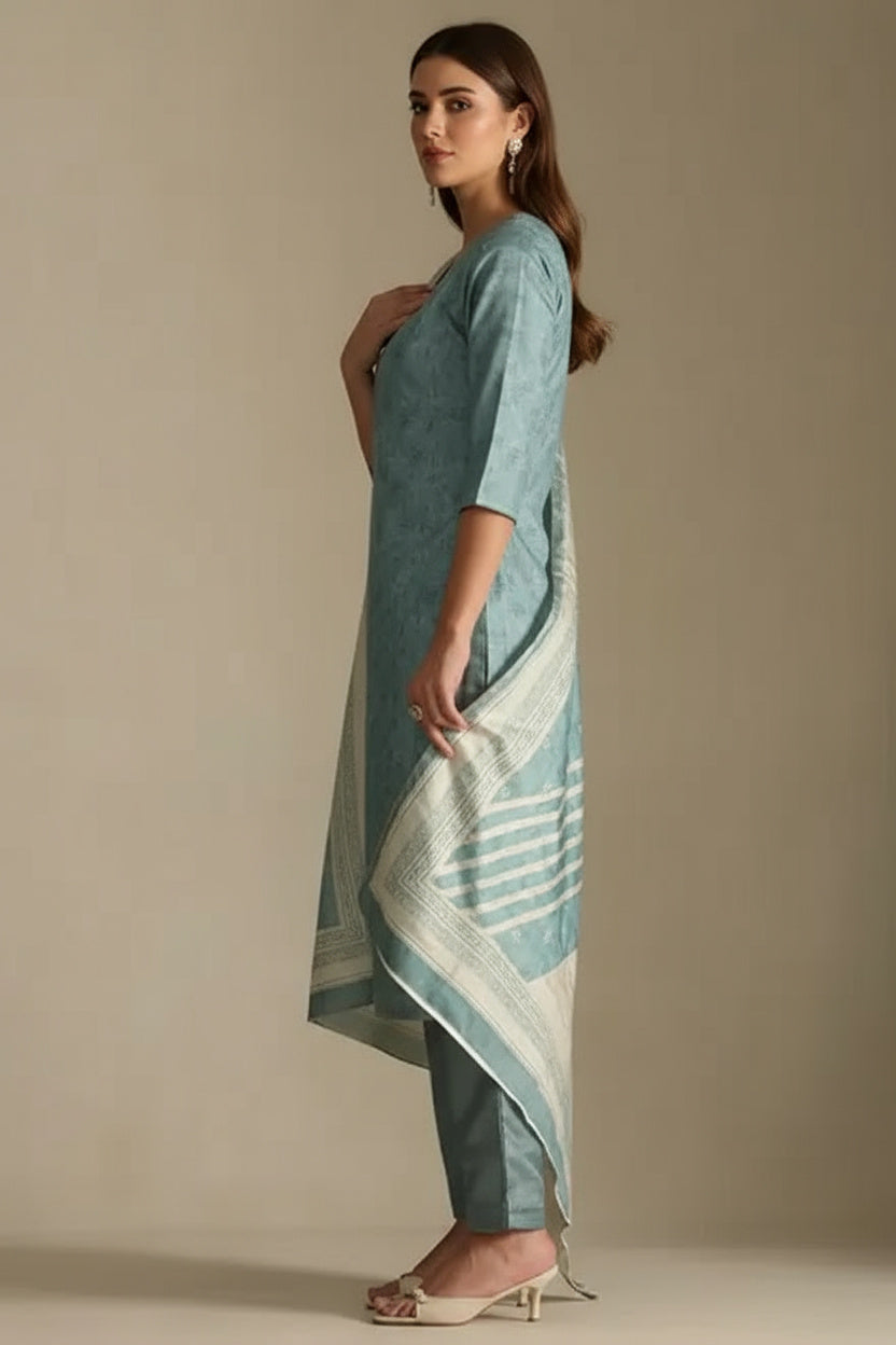 Turquoise Blue Silk Blend Suit Set