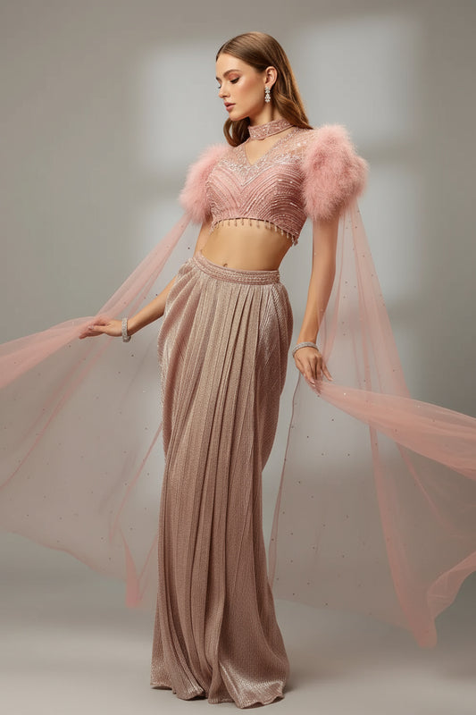 A Feathered Fantasy: The Pink Draped Skirt Set
