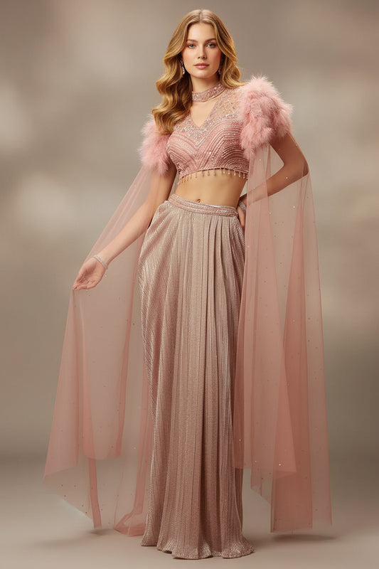 A Feathered Fantasy: The Pink Draped Skirt Set