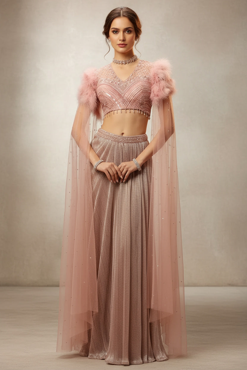 A Feathered Fantasy: The Pink Draped Skirt Set