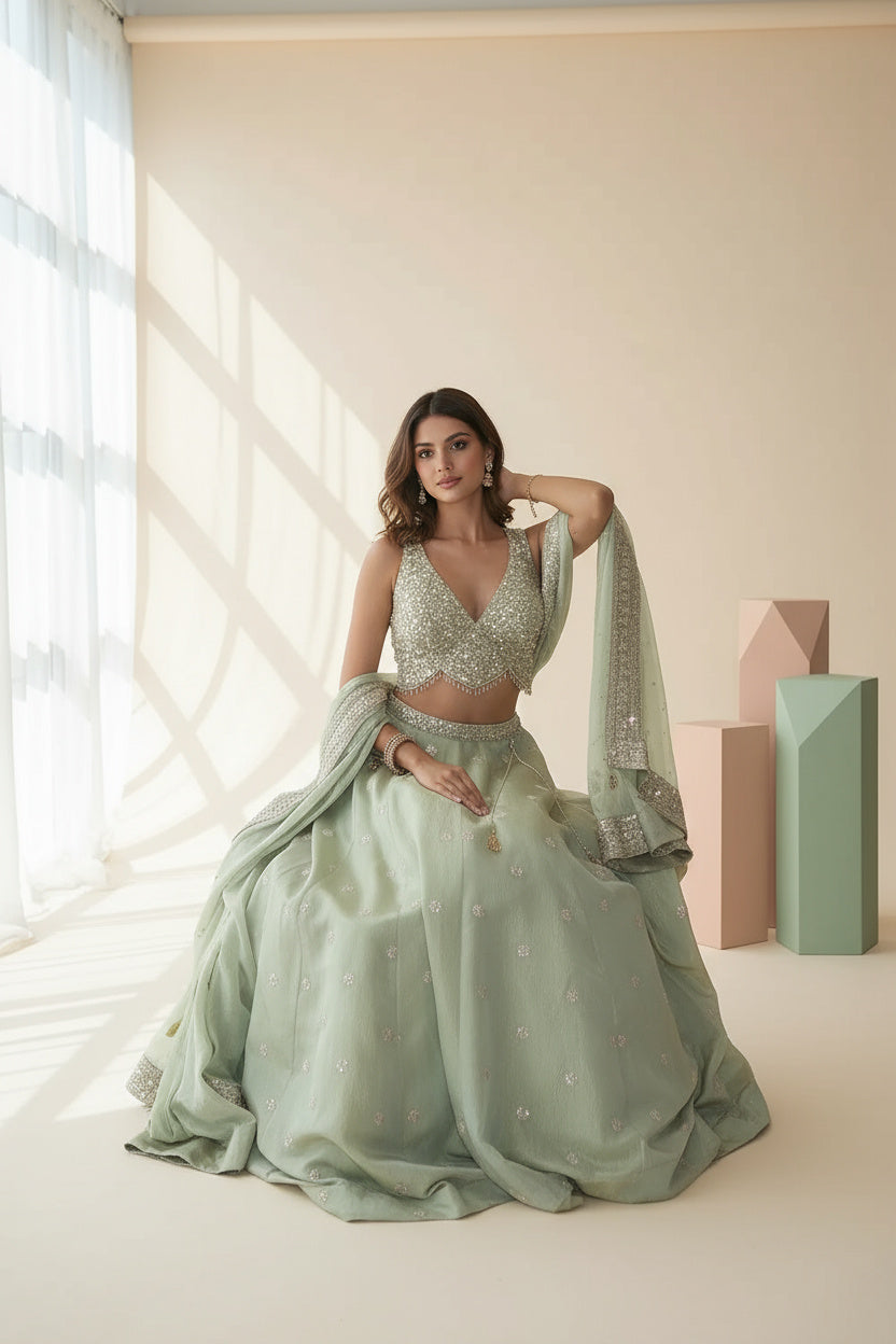 The Dusty Green Buti Lehenga Set