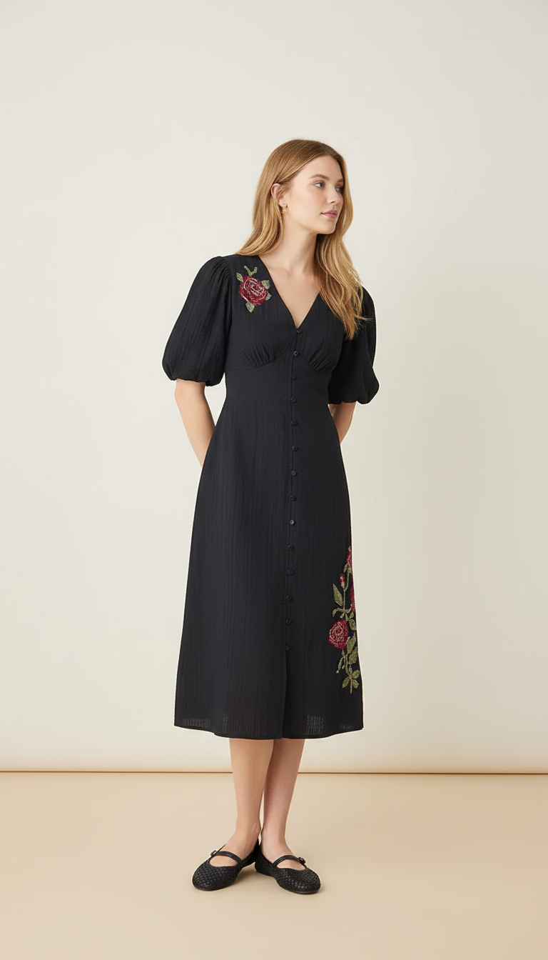 The Core Black Embroidered Cotton Dress