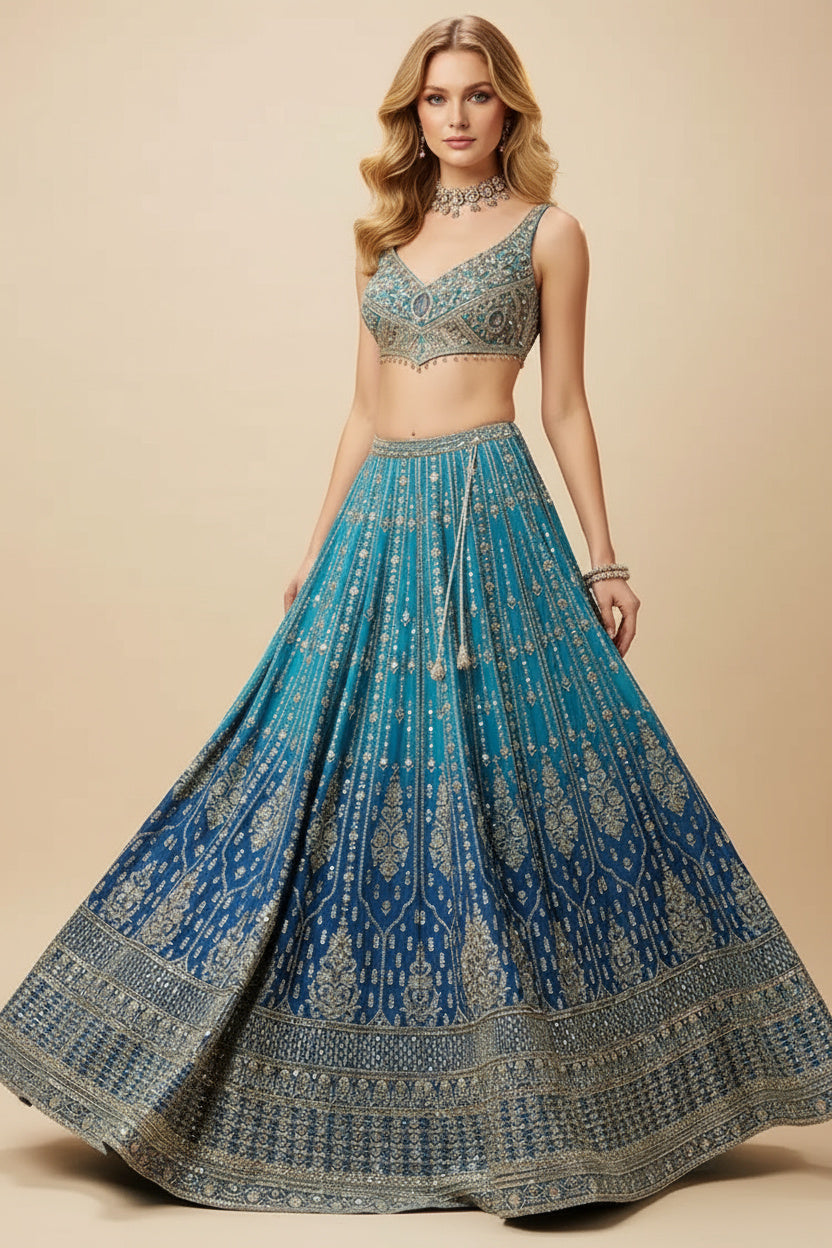 A Hand-Embroidered Masterpiece: The Shaded Blue Lehenga