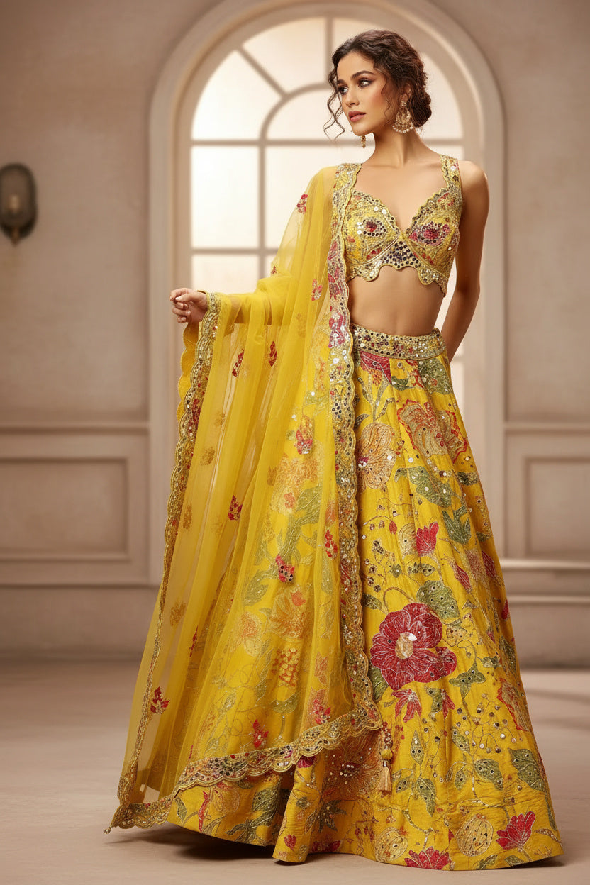 The Sunshine Yellow Mirror Work Lehenga Set