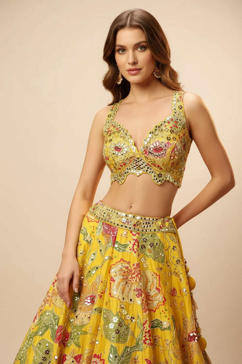 The Sunshine Yellow Mirror Work Lehenga Set