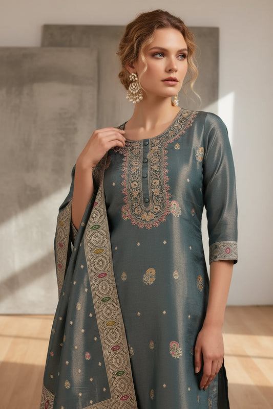 Teal Zari Embroidered Suit