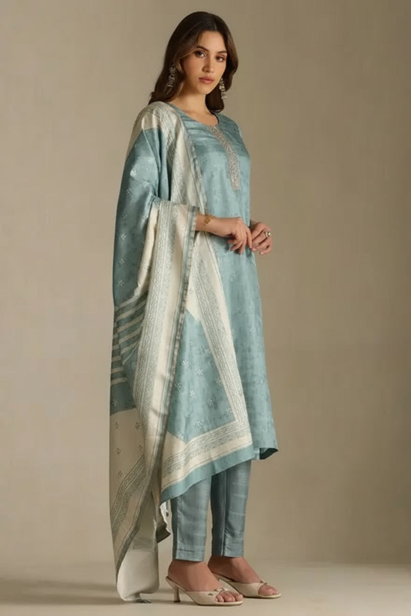 Turquoise Blue Silk Blend Suit Set