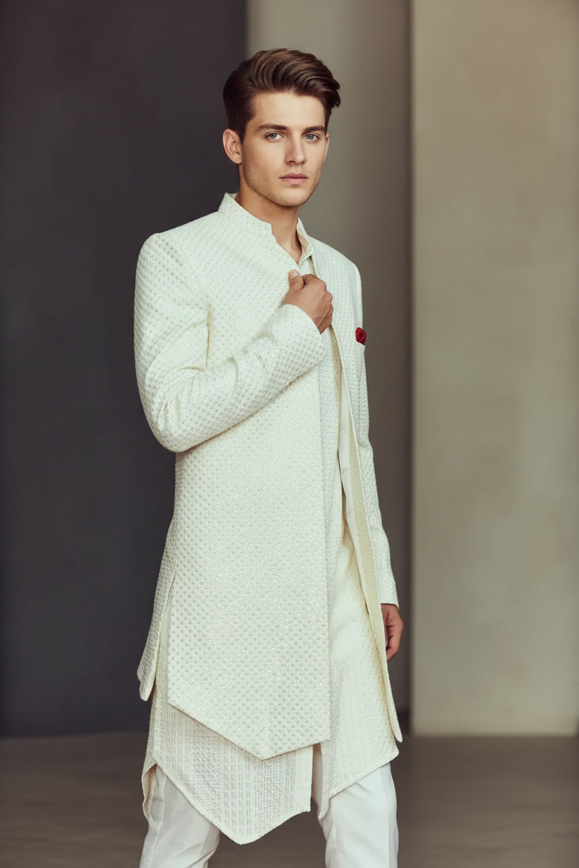 Textured Ivory Sherwani & Kurta Suit