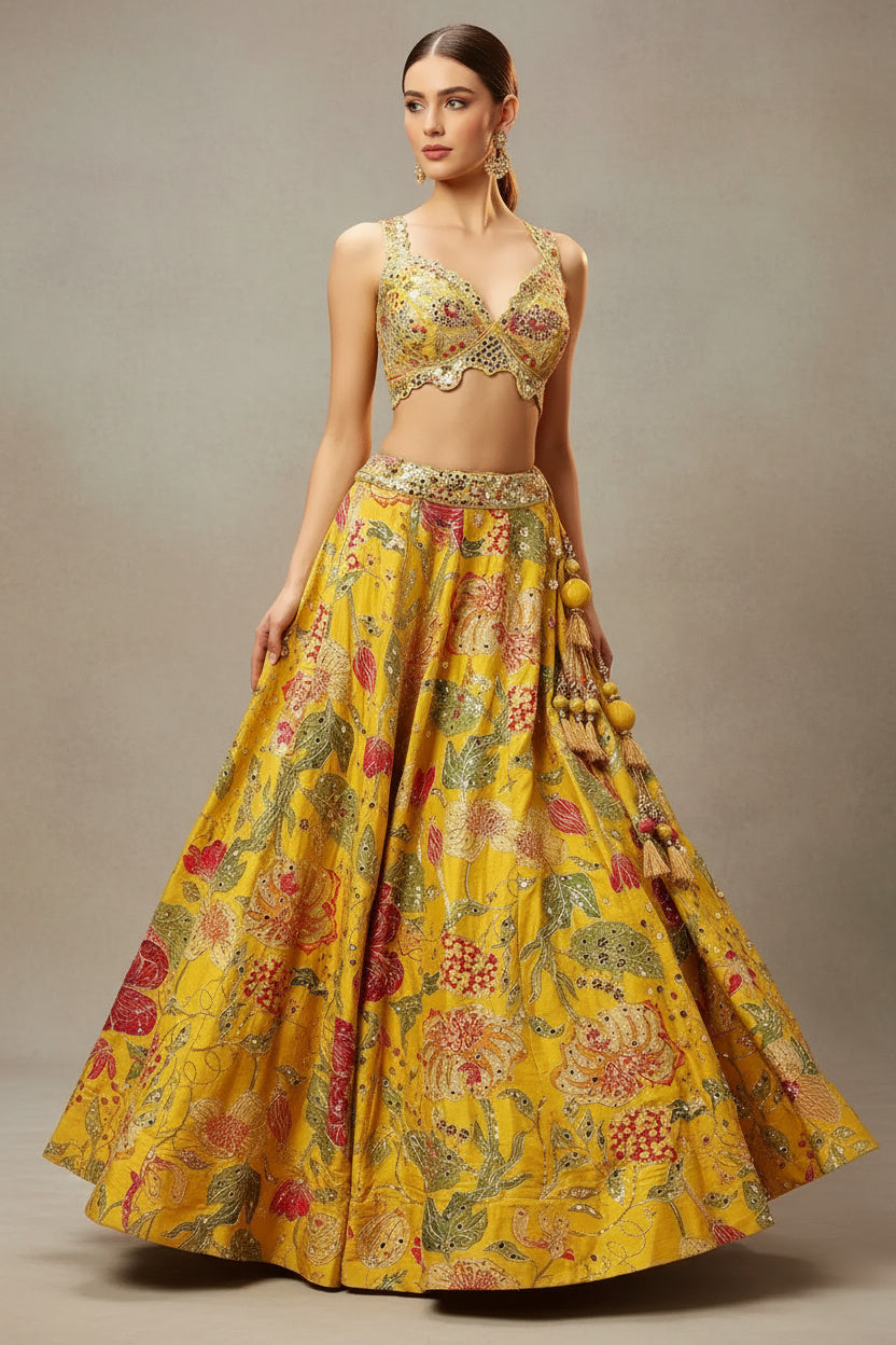 The Sunshine Yellow Mirror Work Lehenga Set