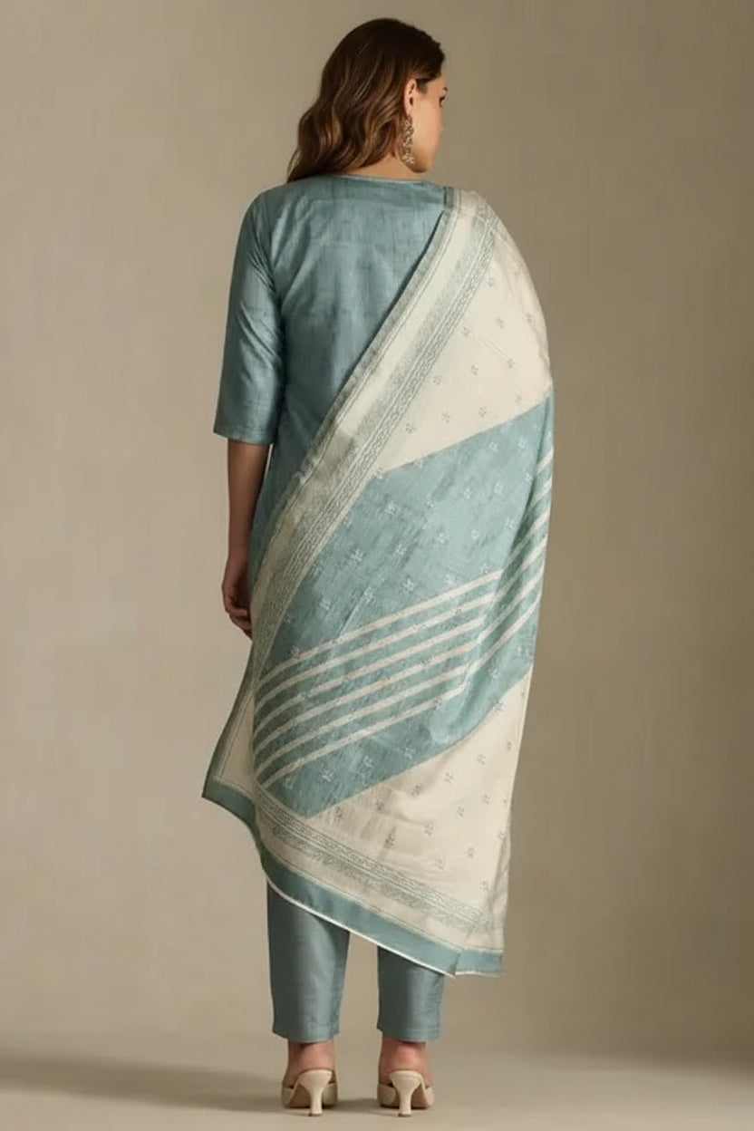 Turquoise Blue Silk Blend Suit Set