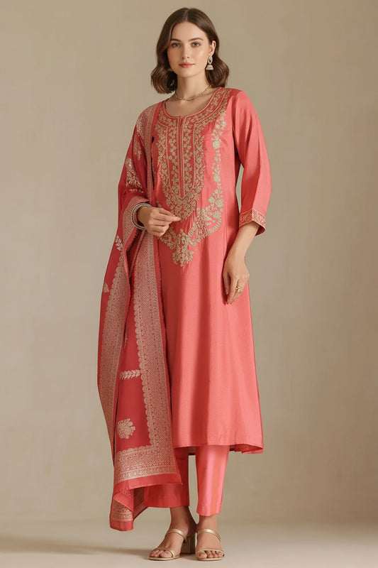 Embroidered Pink Muslin Set