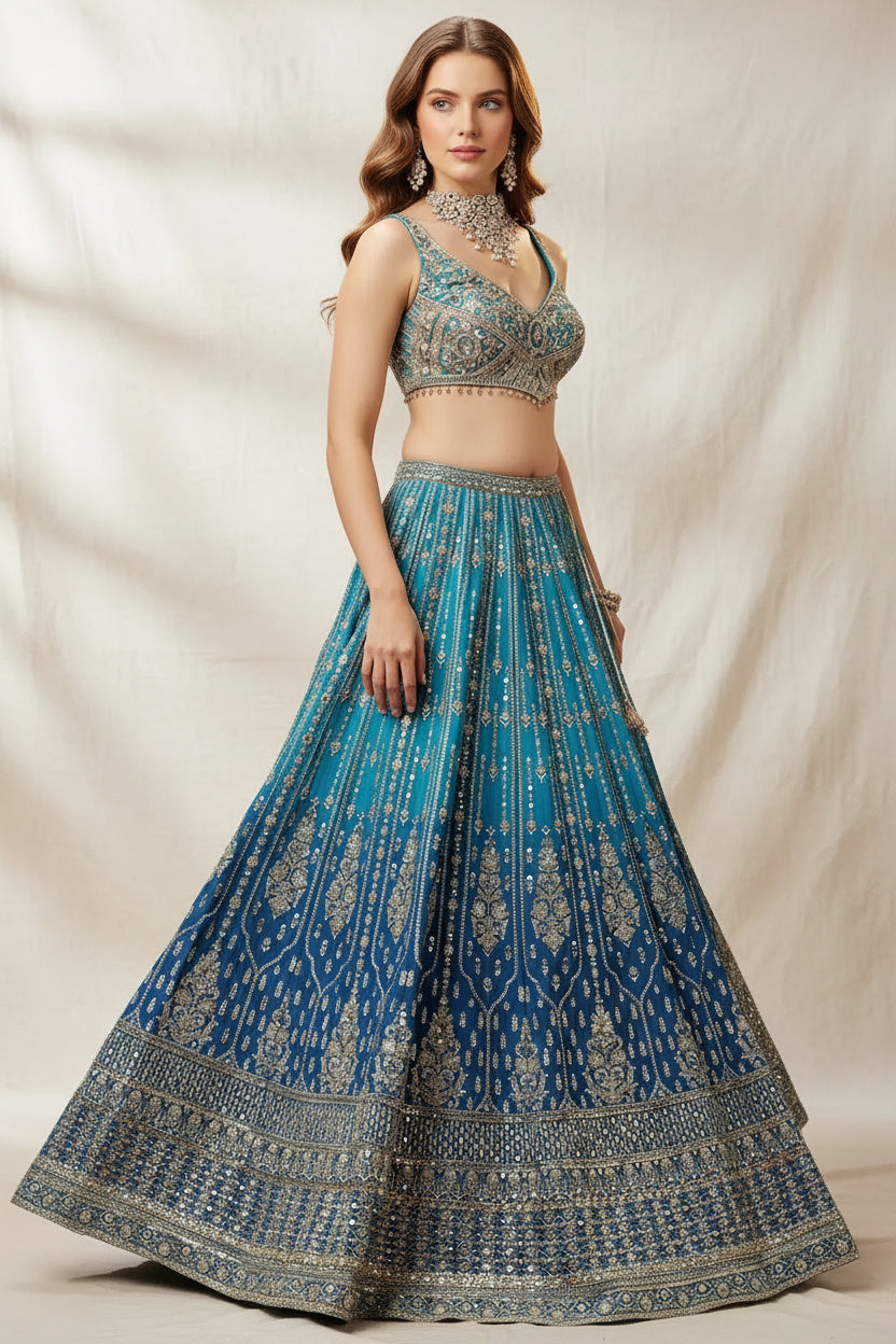 A Hand-Embroidered Masterpiece: The Shaded Blue Lehenga