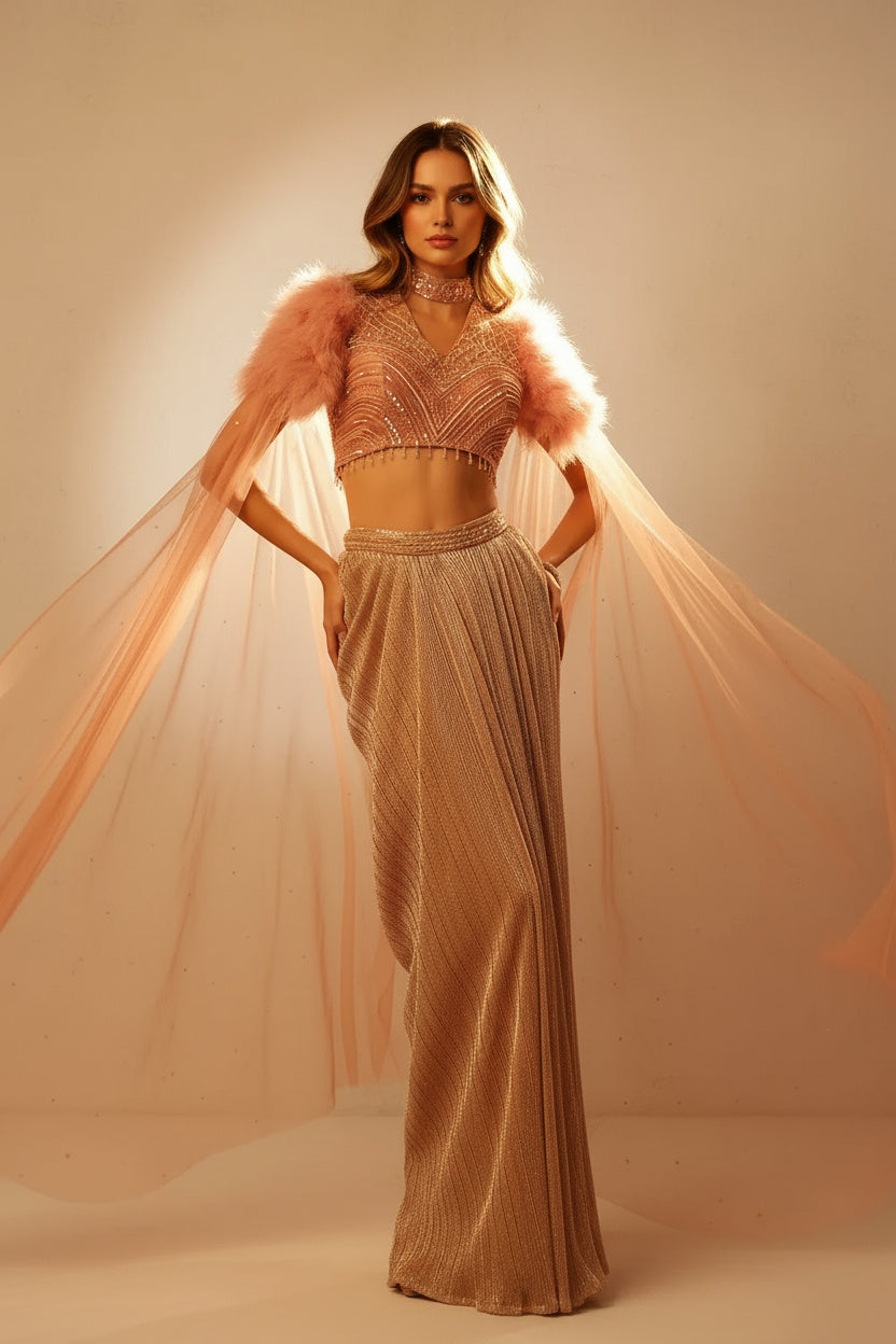 A Feathered Fantasy: The Pink Draped Skirt Set