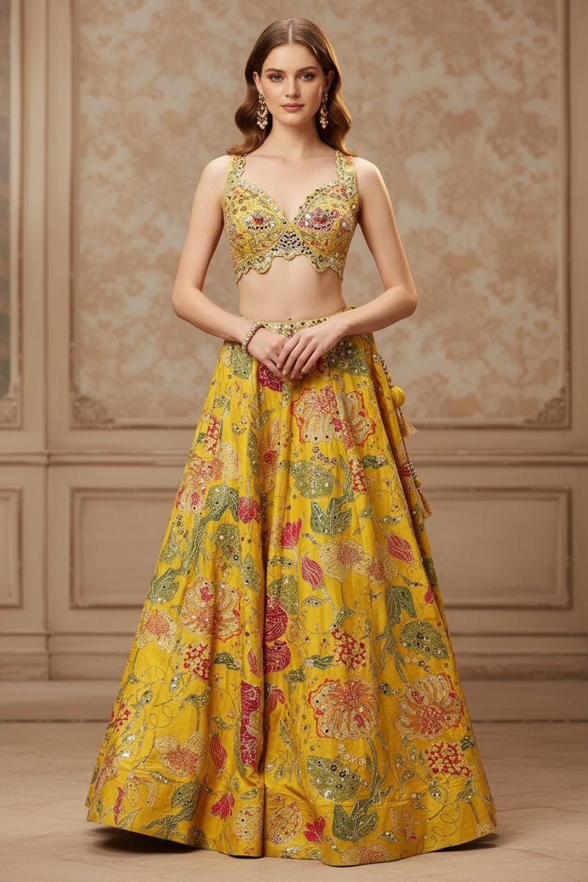 The Sunshine Yellow Mirror Work Lehenga Set